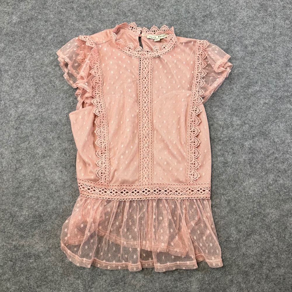 Haute Monde Blouse Womens M Pink Lace‎ Trim Swiss Dot Ruffle Peplum Top Boho